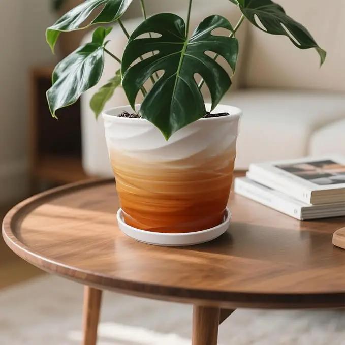 8 Inch Plant Pot, Ceramic Planter with Drainage and Saucer, Ceramic Pots for Plants, Indoor Plant pots, Flower pots，Modern Planter(Khaki + White) by GreenHaven Gardens