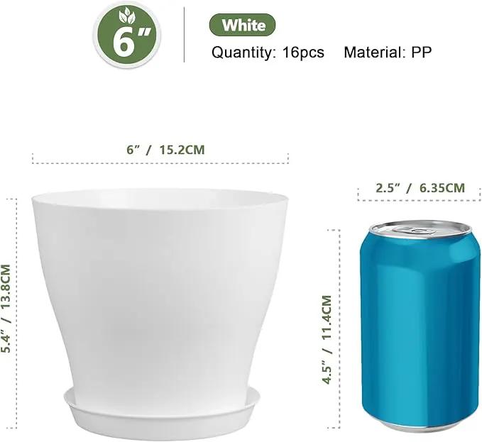 6 inch Plastic Nursery Pots, Seedling Pots, 16 Pack Plant Pots for Small Indoor Outdoor Plants, Flower Pots with Drainage Holes and Saucers, Decorative Planters for House Plants, White by GreenHaven Gardens