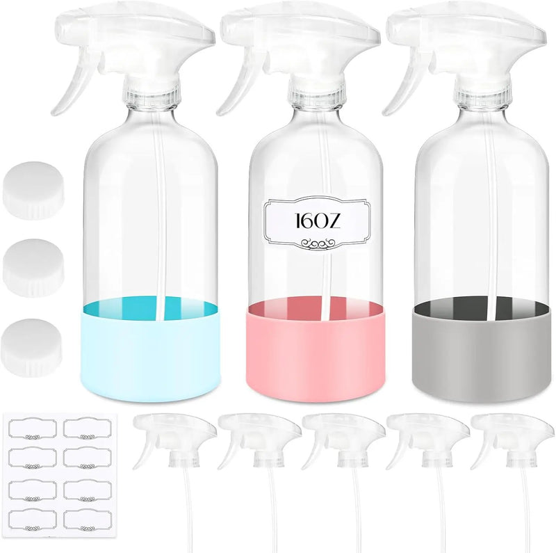 3 PACK/16 OZ Glass Spray Bottles with Upgraded Adjustable Spray Nozzle, Refillable Containers with Silicone Sleeve, Spray Bottle for Hair&Cleaning Solutions&Essential Oils-Pink Blue Gray by GreenHaven Gardens