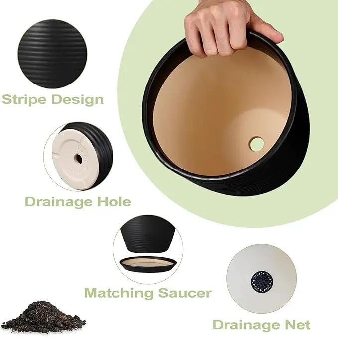 Ceramic Plant Pot - 8 Inch Ceramic Planter for Indoor Plants Glazed Round Flower Pot with Drainage Hole and Saucer Black