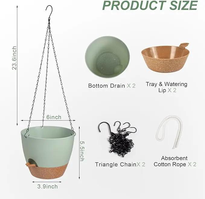 Hanging Planters for Indoor Outdoor Plants, 2 Pack Self Watering Hanging Pot with Drainage Holes & Removable Tray (Green, 6'') by GreenHaven Gardens