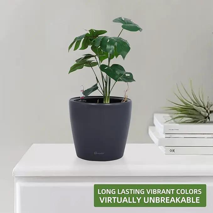 Dexceder 11x10 Inches Self Watering Planter Indoor Outdoor, Inner Pot Design, Thickened Table Flower Plant Pot with Water Level Indicator (Slate Gray Matte) by GreenHaven Gardens