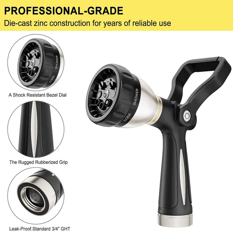 FANHAO Heavy Duty Fireman's Hose Nozzle, Metal Water Nozzle with 8 Spray Patterns，High Pressure Garden Hose Sprayer with Lever Control and Non-Slip Grip to Water Lawns & Plants, Wash Cars & Clean by GreenHaven Gardens