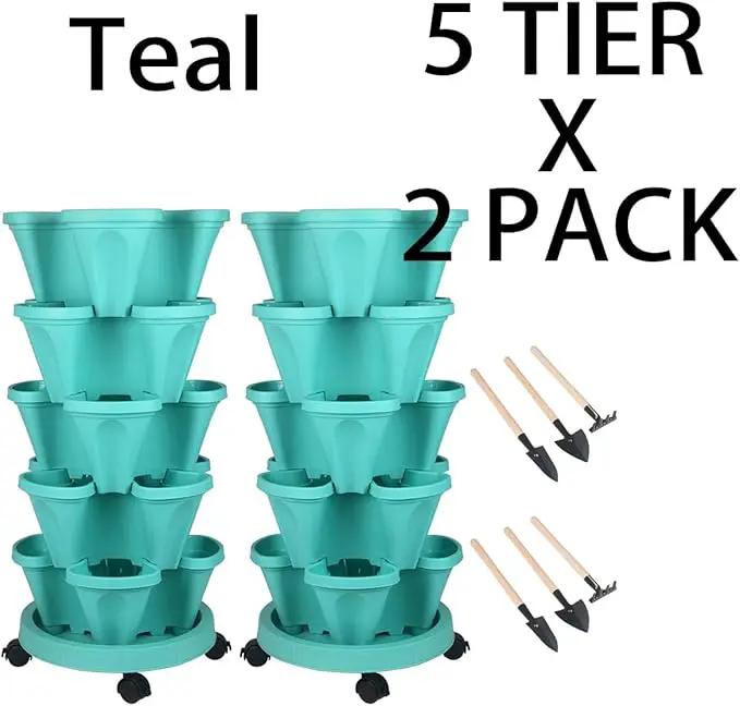 Vertical Planter 5 Tier Stackable Planters Garden Planters Strawberry Herb Flower and Vegetable Planter Indoor Outdoor Gardening Pots with Removable Wheels and Tools by GreenHaven Gardens