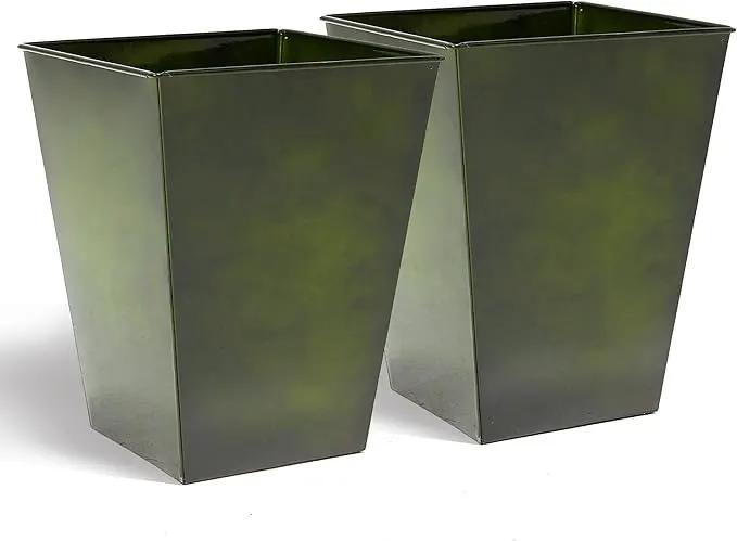 KOL 18''H. Bright Glazed Planter with Drainage Hole, Set of 2, Galvanized Steel Planter Pots for Indoor & Outdoor Use, Decorative Flower Plant Pots for Front Porch, Patio, Deck - Green by GreenHaven Gardens
