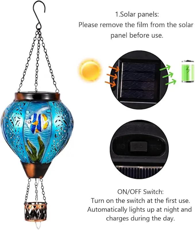 Blue Fish Hot Air Balloon Solar Lantern with Flickering Flame Hanging Solar Lanterns Outdoor Waterproof,LED Metal Hot Air Balloon Lights for Patio Yard Garden Decor,Mother Day Gifts for Women by GreenHaven Gardens