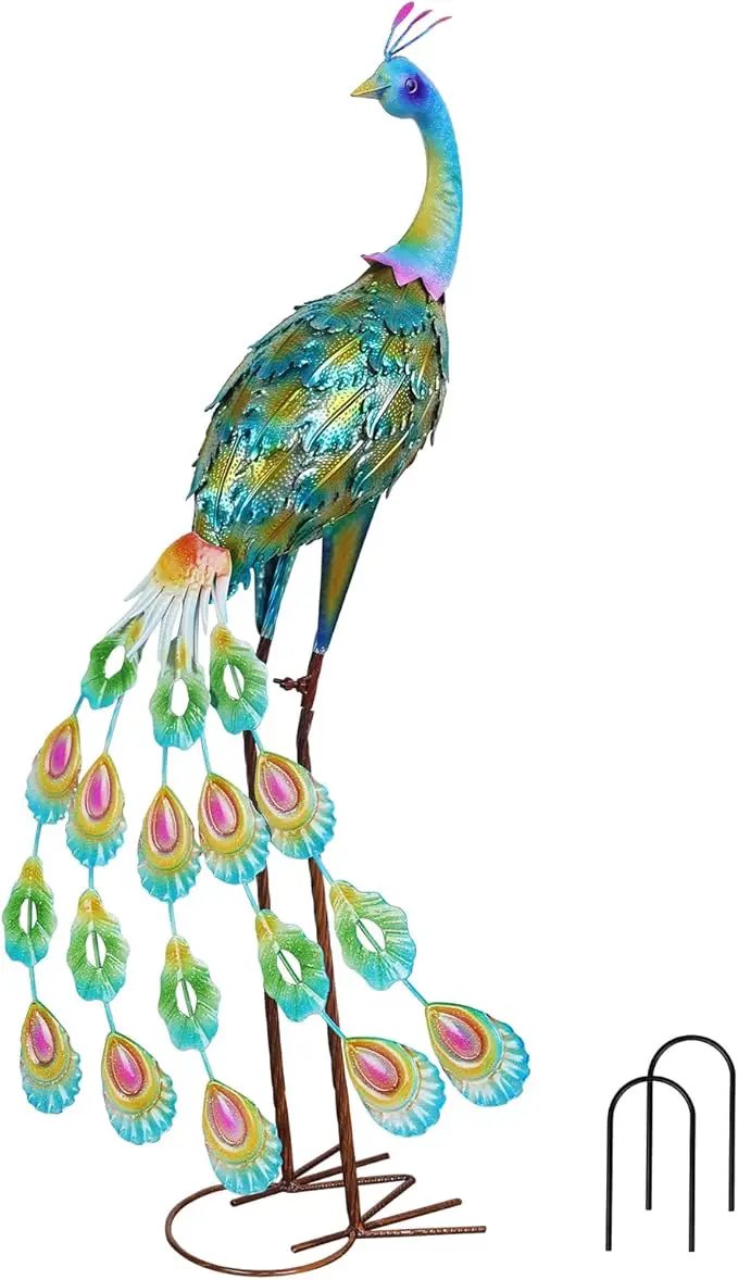 YEAHOME Garden Decor Outdoor Statues, 34" Large Metal Peacock Standing Yard Art, Blue Green Bird Lawn Sculptures Garden Decor for Outside Patio Porch Backyard by GreenHaven Gardens