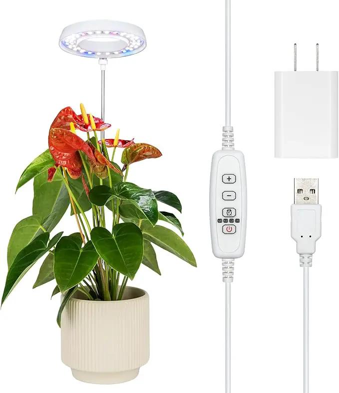 Grow Light for Indoor Plants, Full Spectrum 48LEDs Small Grow Light, Plant Light Super Bright with 4/8/12/18H Auto Timer, Dimmable, Adjustable Height 7"-17", Halo Φ3.5", Power Cord 78", Plug Included by GreenHaven Gardens