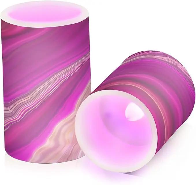 Flickering Flameless Candles, Fuchsia Gold Fluid Marble LED Candles with Remote Timer, Set of 2 Battery Operated Candle for Valentine Wedding Birthday by GreenHaven Gardens