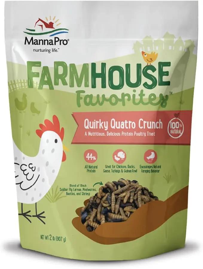 Manna Pro Farmhouse Favorites Quirky Quatro Crunch – 100% Natural Protein Treat for Mixed Flocks – Blend of Black Solider Fly Larvae, Mealworms, Beetles & Shrimp – 2lb by GreenHaven Gardens