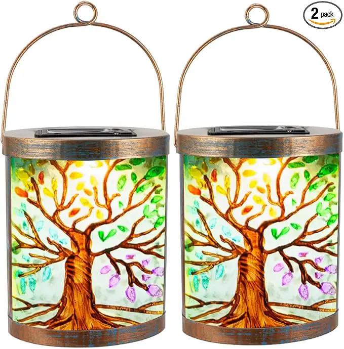 Starsoul 2 Pack Hanging Solar Lantern Outdoor Waterproof Glass Tree of Life Decorative Solar Lights for Outside Garden Yard Table Patio Decor by GreenHaven Gardens