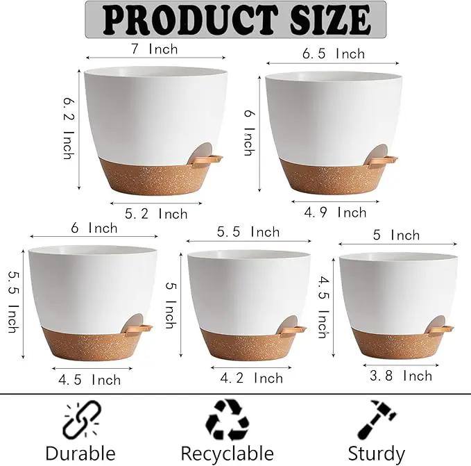 5Pack Self Watering Plant Pots for Lazy People, 7/6.5/6/5.5/5 Inch,White Plastic Self Watering Planter for All Houseplants,Succulent, African Violets,Snake Plants, Flowers and Cactus