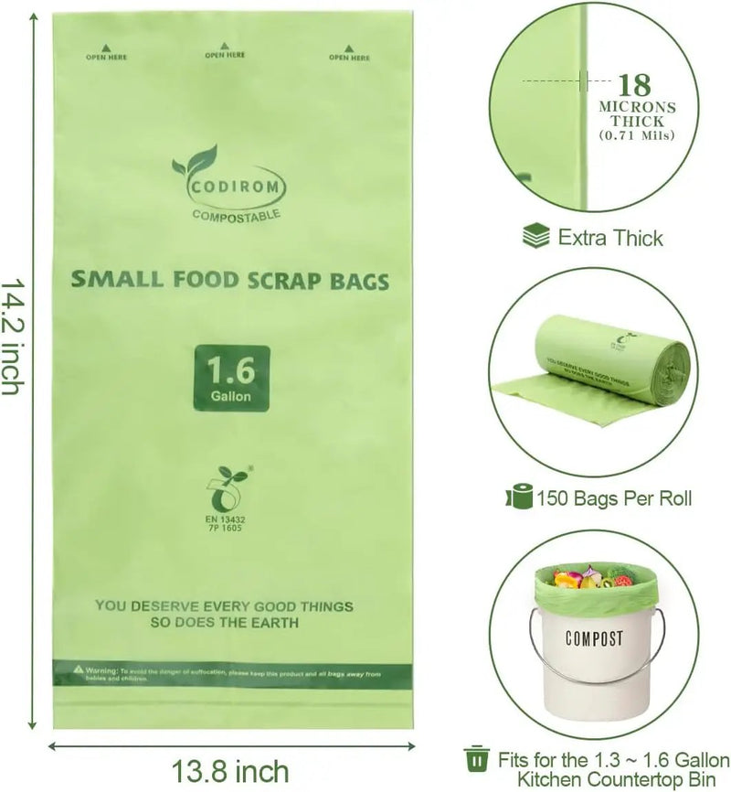 100% Compostable 1.6 Gallon Trash Bags, 6 Liter, 150 Count Kitchen Food Scrap Small Compost Bags for Countertop Bin with Europe EN13432 Certified by GreenHaven Gardens
