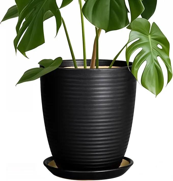 Ceramic Plant Pot - 8 Inch Ceramic Planter for Indoor Plants Glazed Round Flower Pot with Drainage Hole and Saucer Black by GreenHaven Gardens