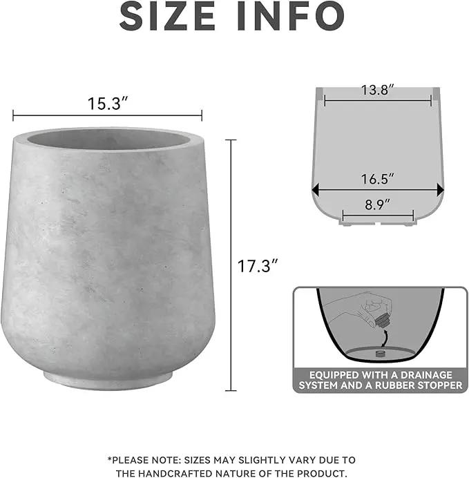 Kante 15.3" Dia Round Concrete Planter, Outdoor Indoor Large Plant Pots Containers with Drainage Hole and Rubber Plug for Home Garden Patio, Natural Concrete by GreenHaven Gardens