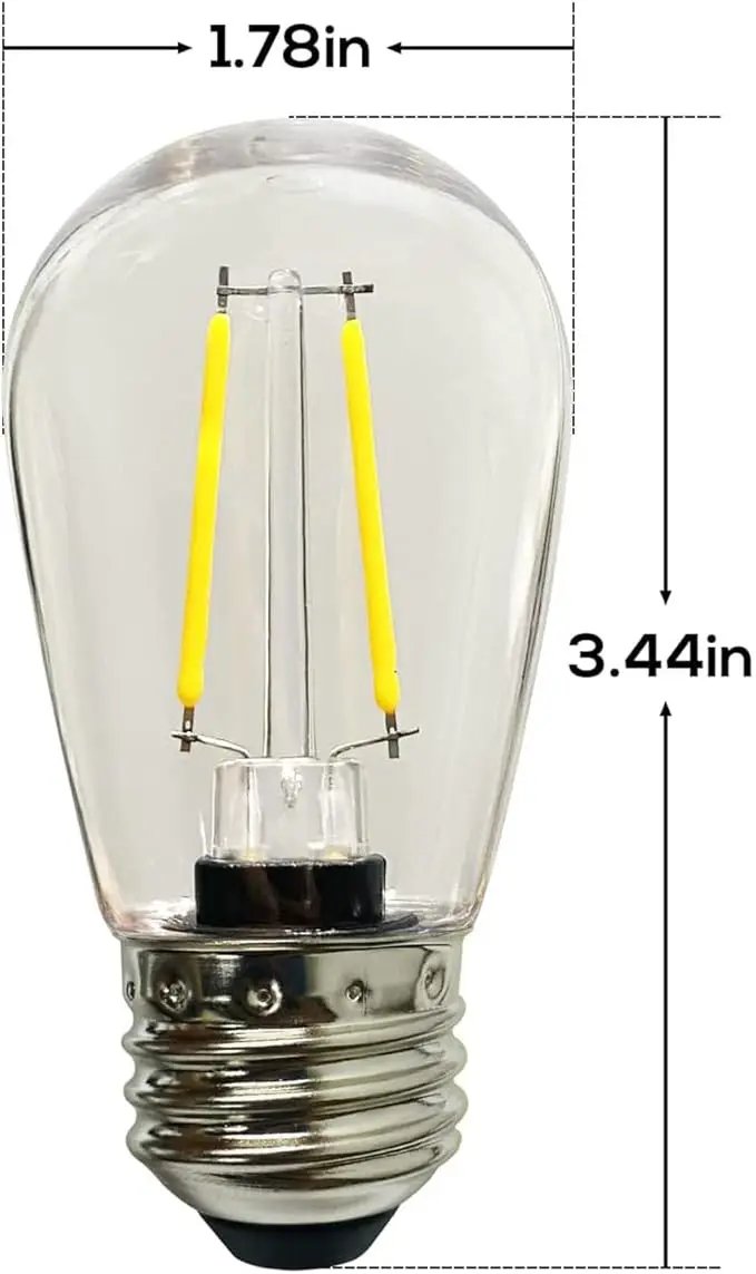 Banord 50 Pack Dimmable 2W S14 Replacement LED Bulbs, 2700K Warm White Waterproof Outdoor String Lights, Vintage Filament, Shatterproof E26 Screw Base Edison Light Bulbs by GreenHaven Gardens
