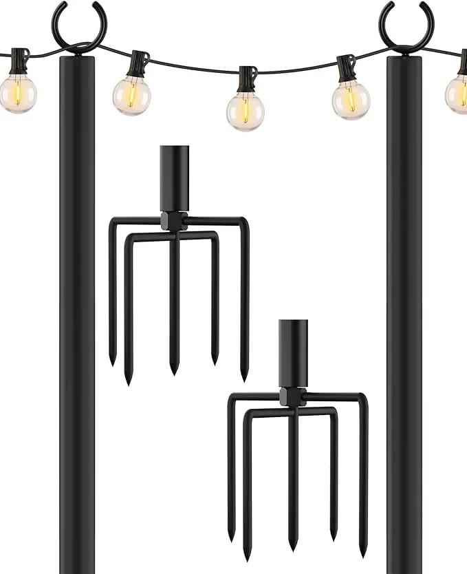 LAND·VOI Metal String Light Poles for Outside Hanging - Backyard, Garden, Patio, 1 Pack Lighting Stand with Adjustable Height for Outdoor Parties, Wedding, Extra-Long 5-Prong Claws, (9.6FT) FLP01B by GreenHaven Gardens