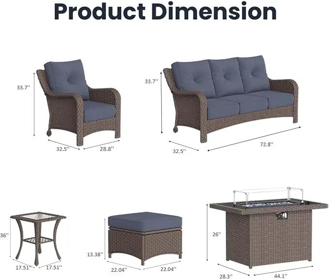 7 Pieces Outdoor Patio Furniture Sets with Single Chairs with 6-inch Thick Cushion and Fire Pit Table for Deck Lawn by GreenHaven Gardens