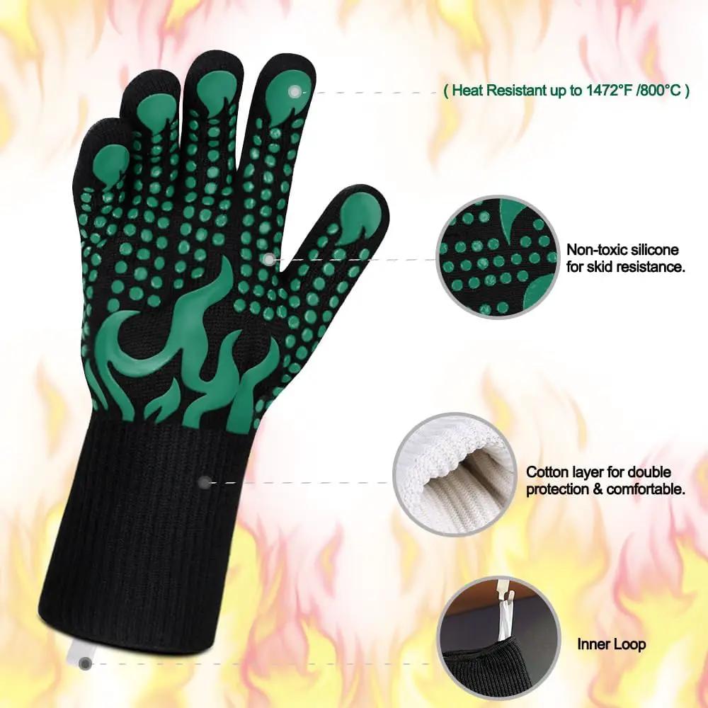 Comsmart BBQ Gloves, 1472°F Heat Resistant Grilling Gloves Silicone Non-Slip Oven Gloves Long Kitchen Gloves for Barbecue, Cooking, Baking, Short, Green by GreenHaven Gardens