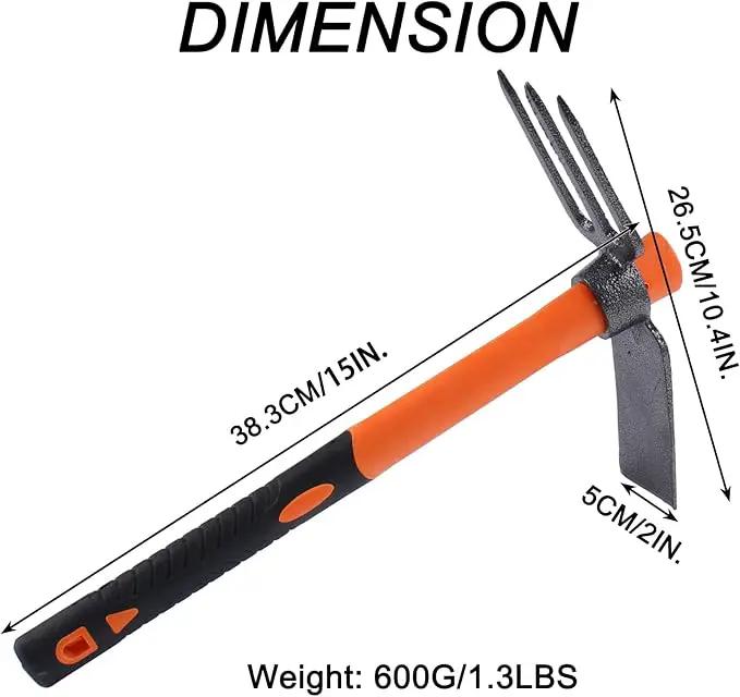 3 Sprongs Dual Head Rake Hoe with Heavy Duty Forged Adze and Ergonomic Non-Slip Handle for Loosening Soil, Gardening, Camping Outdoor 39mm/15-Inch by GreenHaven Gardens