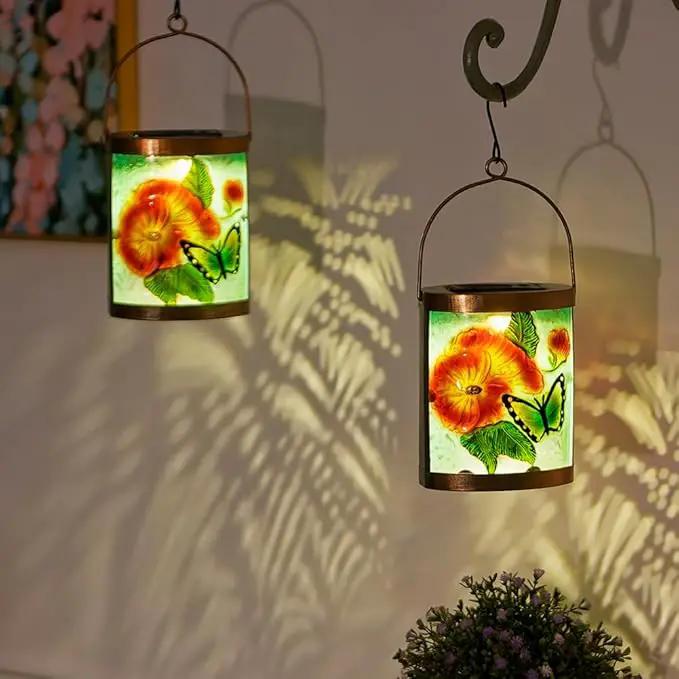 Starsoul 2 Pack Hanging Solar Lantern Outdoor Waterproof Glass Butterfly and Flowers Decorative Solar Lights for Outside Garden Yard Table Patio Decor by GreenHaven Gardens