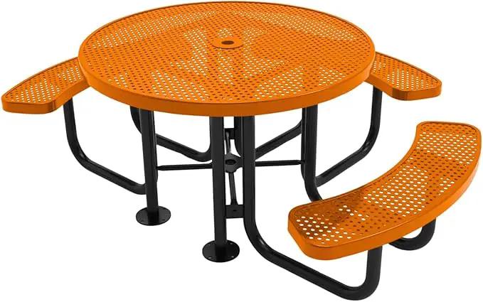 Heavy-Duty Portable Outdoor Picnic Table with Umbrella Hole, Punched Steel Patio Dining Furniture Made in America (46" Round Top, Orange) by GreenHaven Gardens