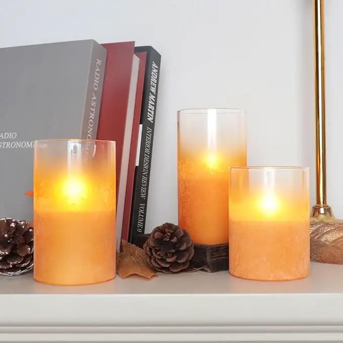 Orange Flameless Candles - Battery Operated Candles with Remote Orange Glass Sandblasted Design Wax Unscented - Centerpieces for Dinner Table Tray House Warming Thanksgiving Gifts by GreenHaven Gardens