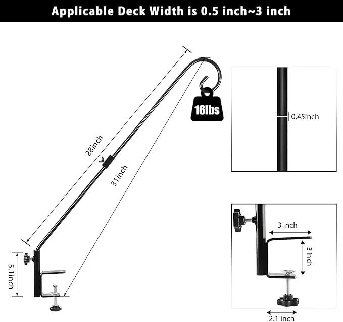 FEED GARDEN 31 Inch Heavy Duty Deck Hook for Railing 2 Pack, Non-Slip Clamp, 360 Degree Swivel, for Hanging Bird Feeders, Plants, Lanterns, Suet Baskets, Wind Chimes, Black by GreenHaven Gardens