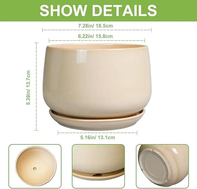 G EPGardening Ceramic Planter - 7 Inch Plant Pots with Drainage and Ceramic Tray, Flower Pots for Indoor Plants, Round Outdoor Planter, Room Decor, Gifts for Plant Lovers, Beige by GreenHaven Gardens