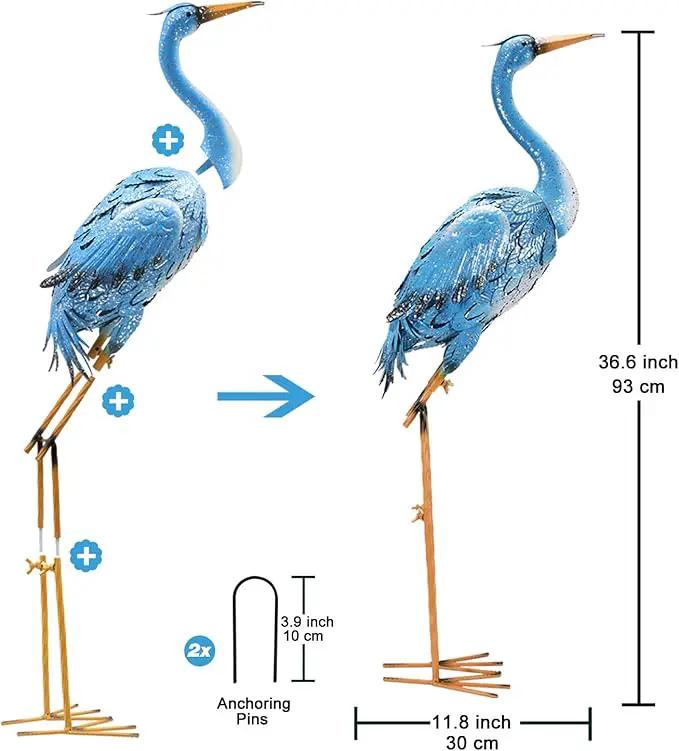 Nacome Large Standing Blue Metal Crane Garden Statue: Indoor Outdoor Heron Animal Sculpture for Patio Backyard Porch Yard Bird Art Lawn Decor - 36.6inch Gifts for Grandma Mom by GreenHaven Gardens