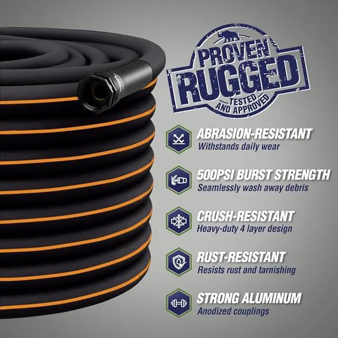Rugged Rhino Heavy Duty Flexible Light Weight Garden Hose, 50ft x 5/8in, 4 Layer Leakproof Outdoor Gardening Tools, Watering Supplies, Powerful Water Pressure for Lawn, Flowers, Black Orange by GreenHaven Gardens