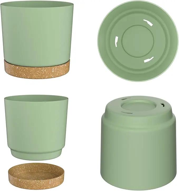 ZMTECH Plant Pots, Set of 3 8'' Self Watering Plastic Planter with Drainage Hole and Saucer, Modern Decorative Flower Pot for Indoor Outdoor House Plants, Succulents, Flowers - Green by GreenHaven Gardens