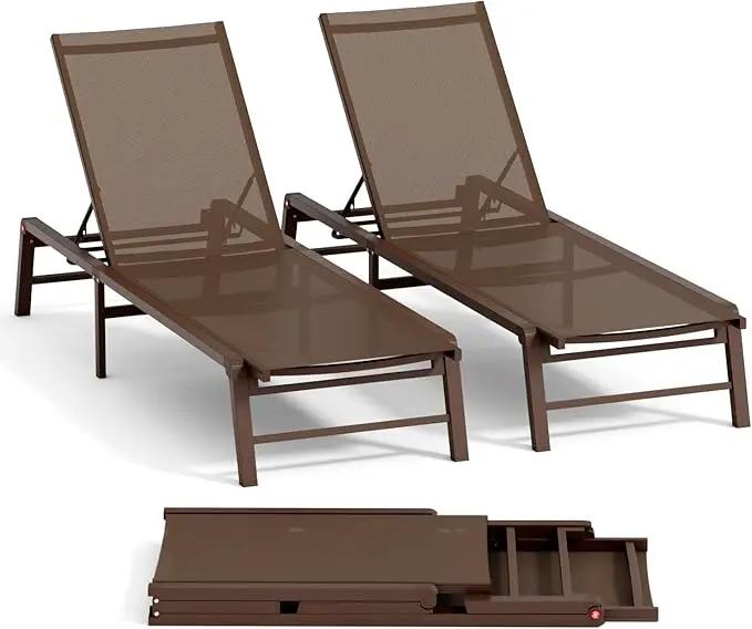 Aluminum Chaise Lounge Chair Outdoor, Foldable Patio Lounge Chair 2 Sets Assemble-Free, Pool Lounge Chairs with 5 Adjustable Backrest, Outdoor Lounge Chairs for Outside Poolside Beach Lawn Brown by GreenHaven Gardens