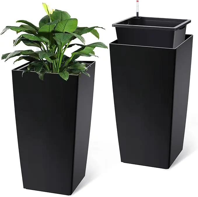 30" Tall Planters Set of 2, Outdoor＆Indoor Black Planter Pots, High Front Porch Planter Pots with Drainage Holes＆Water Level Monitor Movable Wheels ＆Inner Bucket, Automatic Watering,Black by GreenHaven Gardens