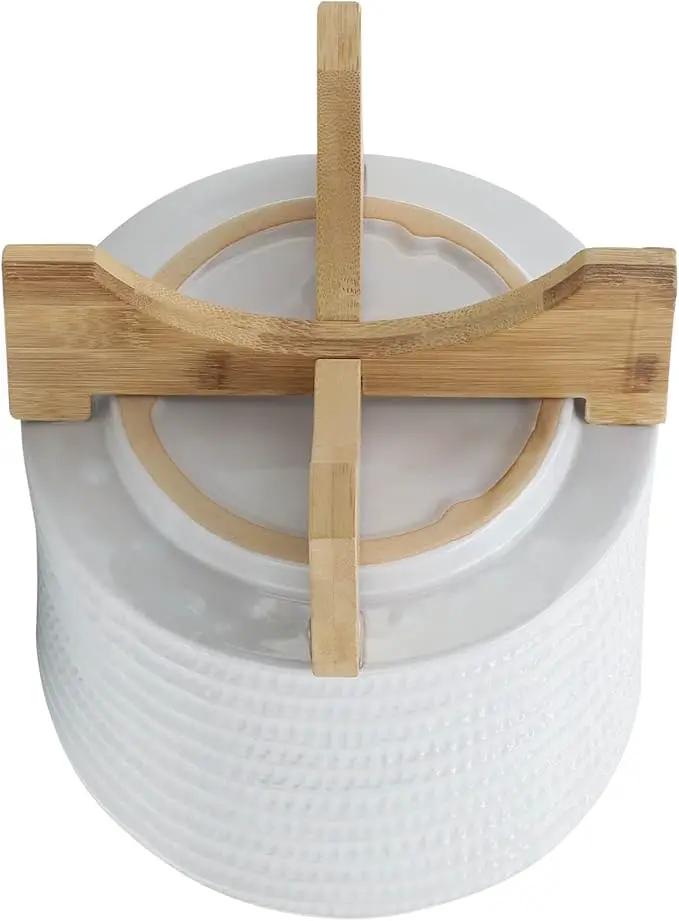 8" Ceramic Planter Stand, White with Wooden Base, Indoor/Outdoor Planter with Stand for Your Succulents and Small Plants, White Planter by GreenHaven Gardens
