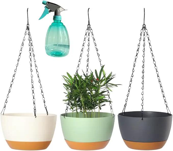 3 Pack Plastic Hanging Planters Set ,8.3 Inch Hanging Flower Plant Pot with Drainage Hole for Indoor Outdoor Plants, Round Hanging Basket with Removable tray for Home Garden Porch Balcony Patio Decor by GreenHaven Gardens