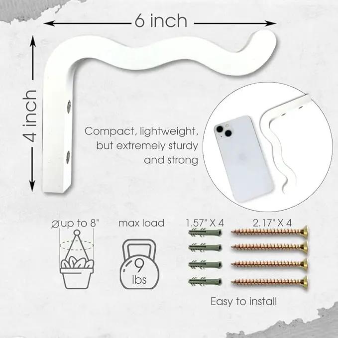 2-Piece Set of Wavy Wooden Wall Planters for Indoor Plants 6 Inch - Natural Plant Hook for Wall Plant, Wind Chimes, Flower Brackets, Patio Garden Decorations - Bracket Plant Hanger (White) by GreenHaven Gardens