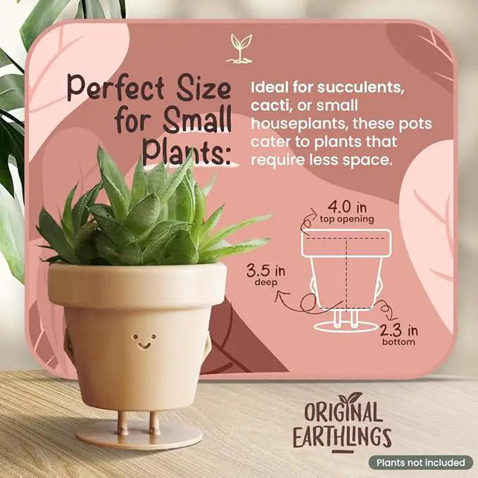 Original Earthlings Standing Pot - 3.5 Inch Cute Plant Pot - Plastic Funny Planter with Drainage - Unique Cactus Plant Lover Gift - Small Succulent Face Flower Pot - Cute Plant Gifts for Plant Lovers by GreenHaven Gardens