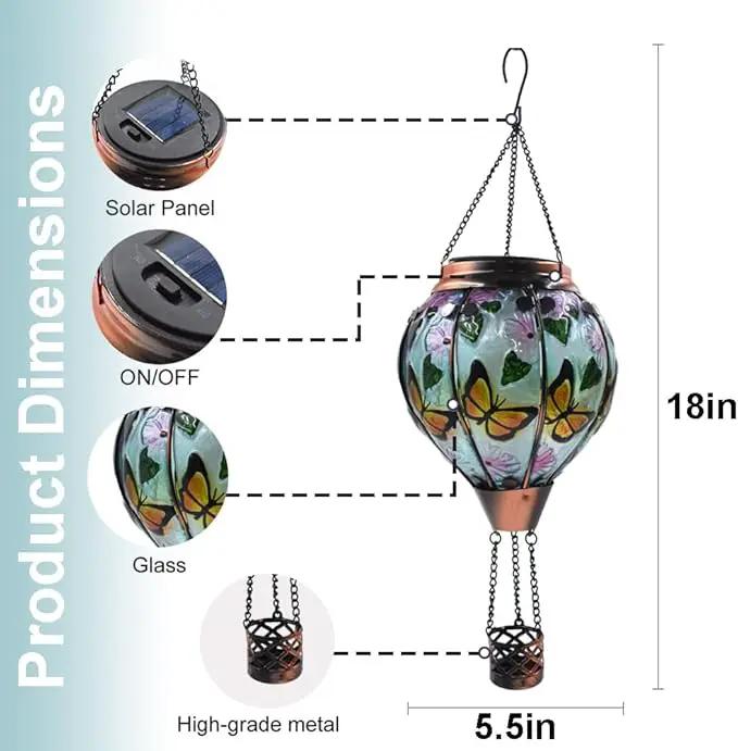 Hot Air Balloon Solar Lantern with Flickering Flame, Glass Hanging Garden Lights Outdoor Waterproof for Tree Yard Patio Mother's Day Gift, 18" H Butterfly by GreenHaven Gardens