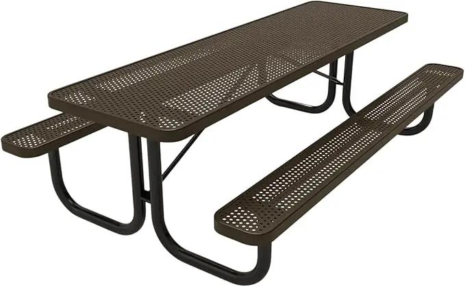 Coated Outdoor Furniture Heavy-Duty Portable Outdoor Picnic Table, Thermoplastic Coated Punched Steel Commercial-Grade Patio Dining Furniture Made in America (8ft Rectangular, Textured Brown) by GreenHaven Gardens
