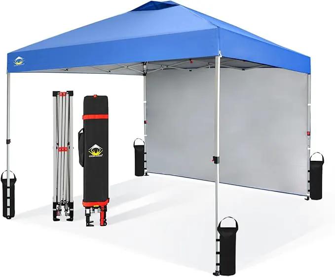 CROWN SHADES 10x10 Pop Up Canopy with 1 Side Wall - Beach Tent with One Push Setup - Outdoor Sun Shade for Events, Parties, Camping - Gazebo with STO-N-Go Cover Bag (Blue) by GreenHaven Gardens