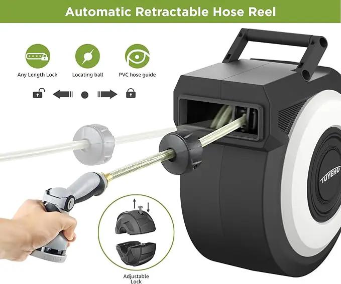 Tuyeho Retractable Garden Hose Reel 5/8" x 90 ft, Wall Mount Water Hose Reels with Automatic Slow Rewind System, Outdoor Hoses Reel with 2 Hose Nozzles for Garden Watering, Car Wash, Pet Shower by GreenHaven Gardens