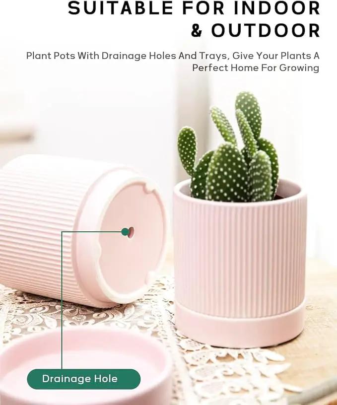 LaDoVita 3 Pack Ceramic Plant Pots 6/5/4 inch, Flowerpot for Indoor Plants with Drainage Holes and Tray, Outdoor Garden Planters, Modern Decorative for Home, Pink Vertical Stripes by GreenHaven Gardens