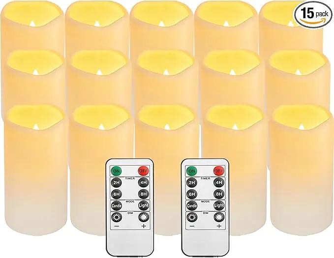 15Pack Waterproof Flameless Remote Control Candles (D3''*H5.5''） Battery Operated Flickering LED Pillar Candle，plastic with 10-Key 24Hours Timer for Outdoor/Indoor Party Garden Lanterns Porch Ivory by GreenHaven Gardens