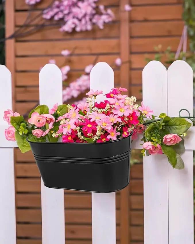 vensovo Metal Railing Planter for Outdoor Plants - 3 Pack Balcony Hanging Flower Pots with Detachable Hooks and Drain Holes Oval Bucket Rail Box Fence Planters for Home Garden Decor, Black by GreenHaven Gardens