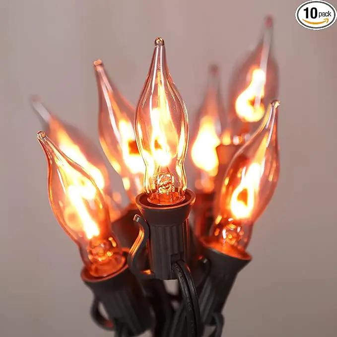 12.8Ft Christmas Lights Flickering Flame String Lights with 12 Pack Clear C7 Flame Light Bulbs（2 Spare）, Great for Indoor Outdoor Home Patio Party Christmas Decorations Lights, 1W, E12 Base by GreenHaven Gardens