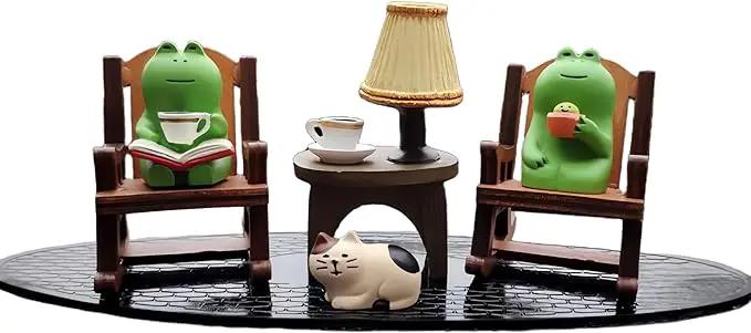 7 Pcs Cute Frog Rocking Chair Set with Miniature Frog Figurines, Mini cat, and Whimsical Trinkets - Versatile Decor for Office, Home, Yard, Patio, and Lawn by GreenHaven Gardens