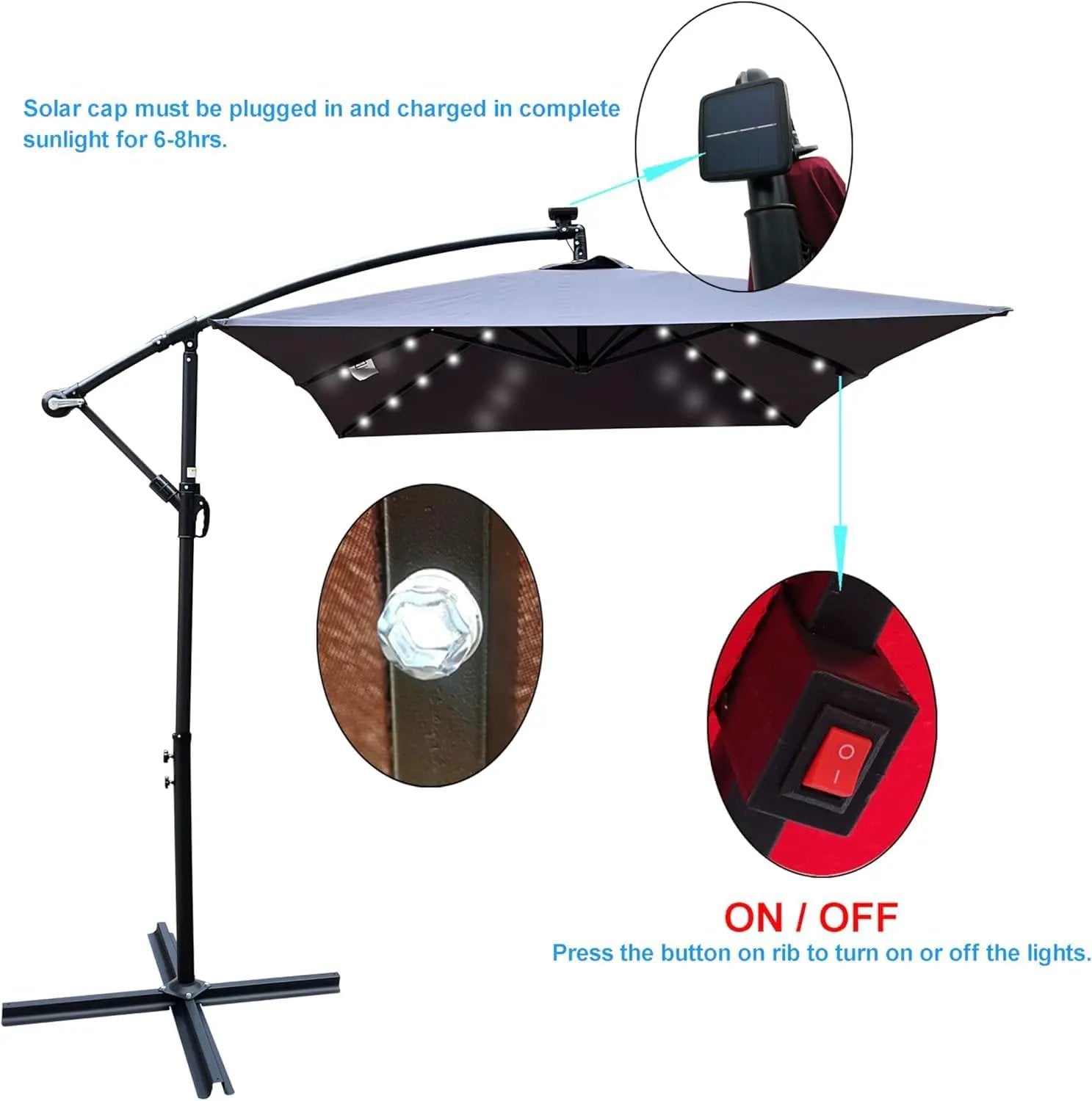 10x6.5FT Patio Umbrella, Outdoor Offset Umbrella with Cross Base and Crank, Rectangular Cantilever Umbrella with Solar Lights, Hanging Market Umbrella with 6 Rids for Pool, Deck, Backyard (Anthracite) by GreenHaven Gardens