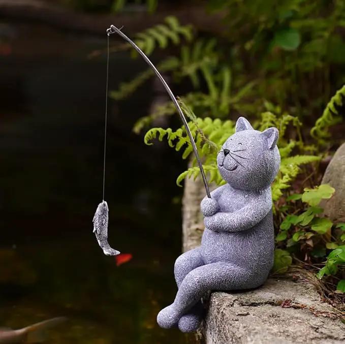 Goodeco Fishing Cat Garden Statue – 10" Little Cat Fisher for Garden Pond Decor, Poolside Statue with Glow in Dark Pebbles Included,Great Gifts for Mom, Women & Birthdays (Cat) by GreenHaven Gardens