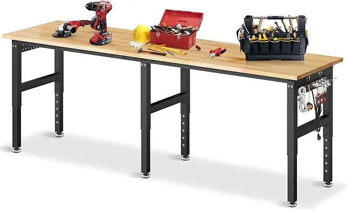 96”Adjustable Work Bench, 5000 LBS Capacity Heavy Duty Workbench with Power Outlet & Pegboard, Rubber Wood Work Table for Garage, Workshop, Office, Home by GreenHaven Gardens